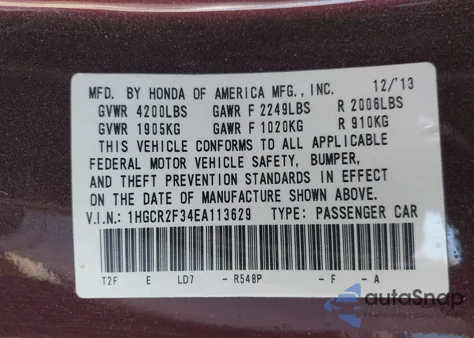 2014 Honda Accord Lx из США, поврежденный, VIN 1HGCR2F34EA113629